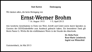 Anzeige von Ernst-Werner Brohm von Kölner Stadt-Anzeiger / Kölnische Rundschau / Express