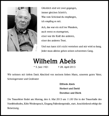 Anzeige von Wilhelm Abels von Kölner Stadt-Anzeiger / Kölnische Rundschau / Express