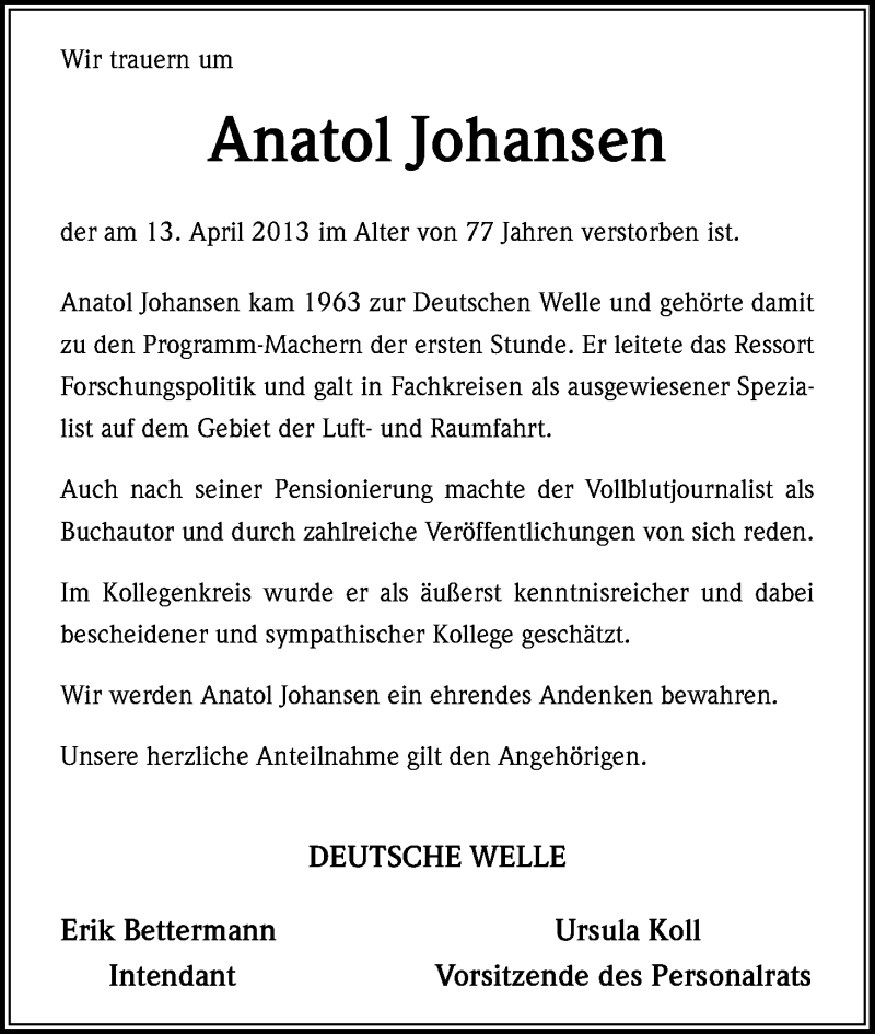  Traueranzeige für Anatol Johansen vom 03.05.2013 aus Kölner Stadt-Anzeiger / Kölnische Rundschau / Express