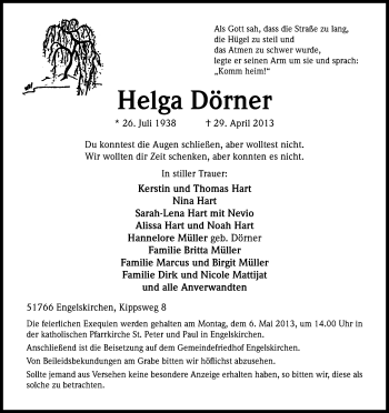 Anzeige von Helga Dörner von Kölner Stadt-Anzeiger / Kölnische Rundschau / Express