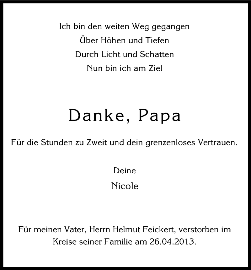  Traueranzeige für Helmut Feickert vom 04.05.2013 aus Kölner Stadt-Anzeiger / Kölnische Rundschau / Express