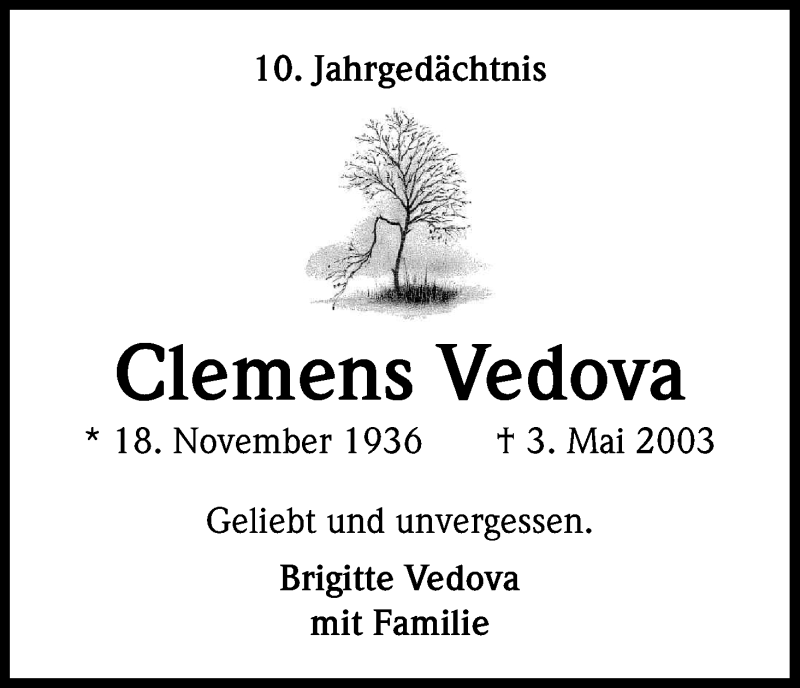  Traueranzeige für Clemens Vedova vom 03.05.2013 aus Kölner Stadt-Anzeiger / Kölnische Rundschau / Express