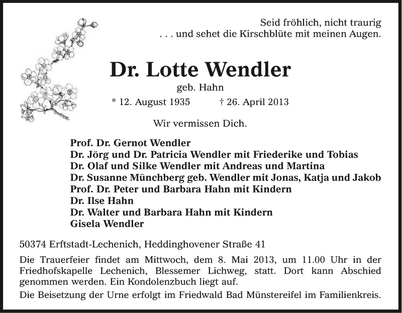  Traueranzeige für Lotte Wendler vom 03.05.2013 aus Kölner Stadt-Anzeiger / Kölnische Rundschau / Express