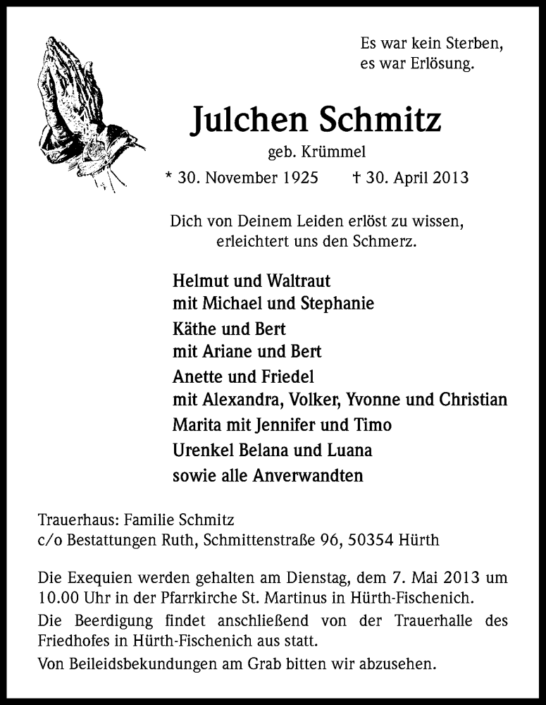  Traueranzeige für Julchen Schmitz vom 04.05.2013 aus Kölner Stadt-Anzeiger / Kölnische Rundschau / Express