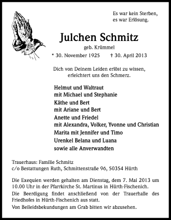 Anzeige von Julchen Schmitz von Kölner Stadt-Anzeiger / Kölnische Rundschau / Express
