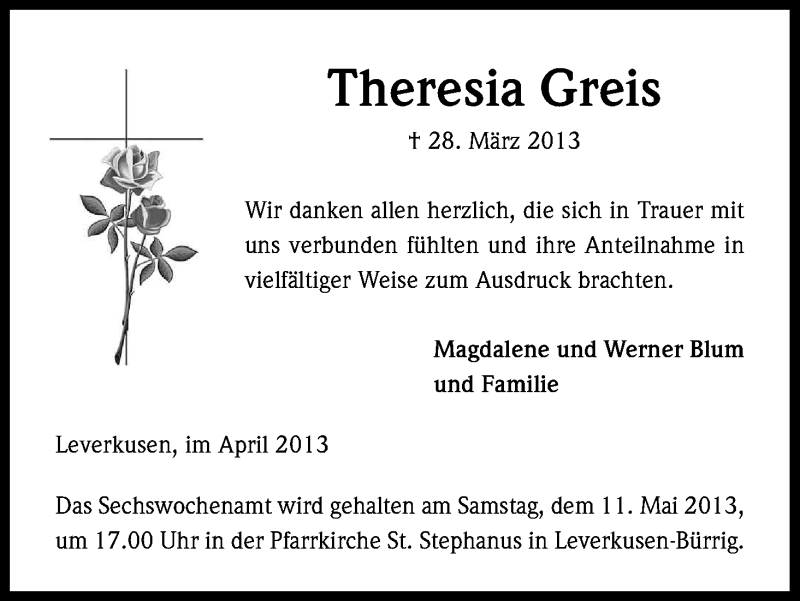  Traueranzeige für Theresia Greis vom 04.05.2013 aus Kölner Stadt-Anzeiger / Kölnische Rundschau / Express
