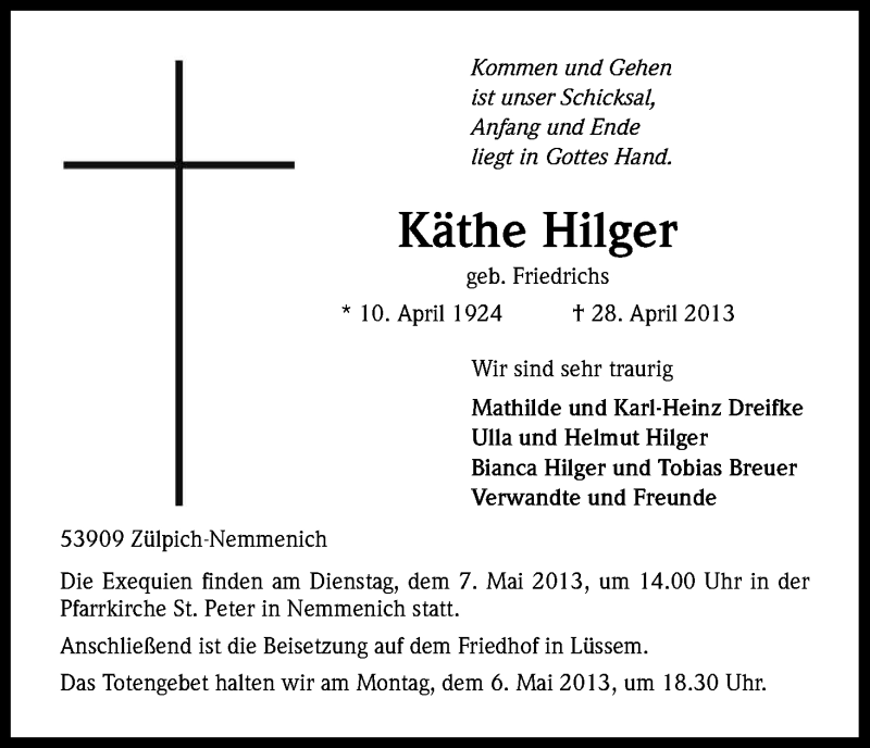  Traueranzeige für Käthe Hilger vom 01.05.2013 aus Kölner Stadt-Anzeiger / Kölnische Rundschau / Express