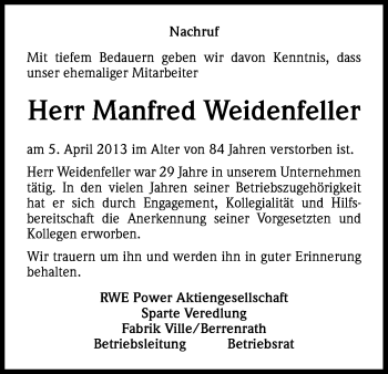 Anzeige von Manfred Weidenfeller von Kölner Stadt-Anzeiger / Kölnische Rundschau / Express