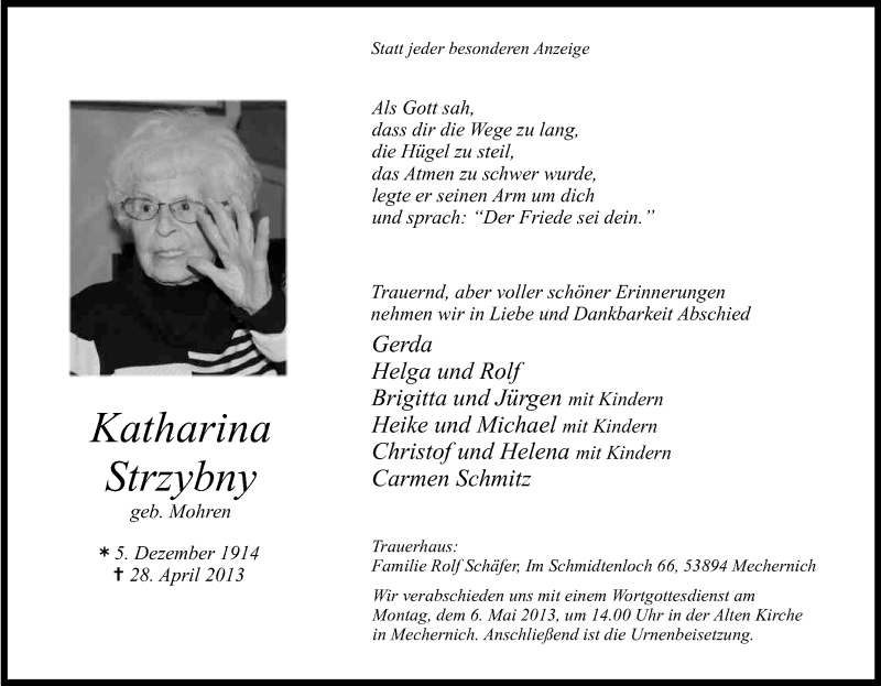  Traueranzeige für Katharina Strzybny vom 03.05.2013 aus Kölner Stadt-Anzeiger / Kölnische Rundschau / Express