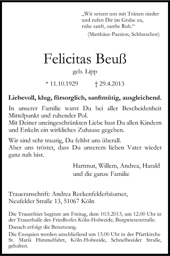 Anzeige von Felicitas Beuß von Kölner Stadt-Anzeiger / Kölnische Rundschau / Express