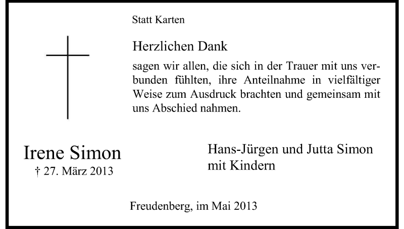  Traueranzeige für Irene Simon vom 04.05.2013 aus Kölner Stadt-Anzeiger / Kölnische Rundschau / Express