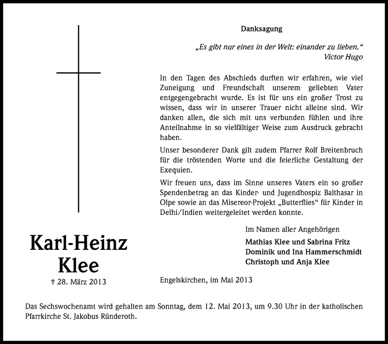  Traueranzeige für Karl-Heinz Klee vom 08.05.2013 aus Kölner Stadt-Anzeiger / Kölnische Rundschau / Express