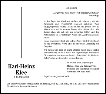Anzeige von Karl-Heinz Klee von Kölner Stadt-Anzeiger / Kölnische Rundschau / Express
