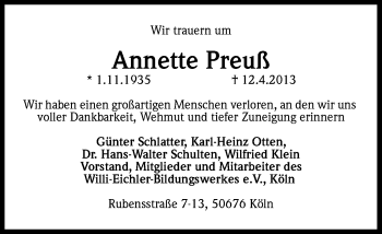 Anzeige von Annette Preuß von Kölner Stadt-Anzeiger / Kölnische Rundschau / Express