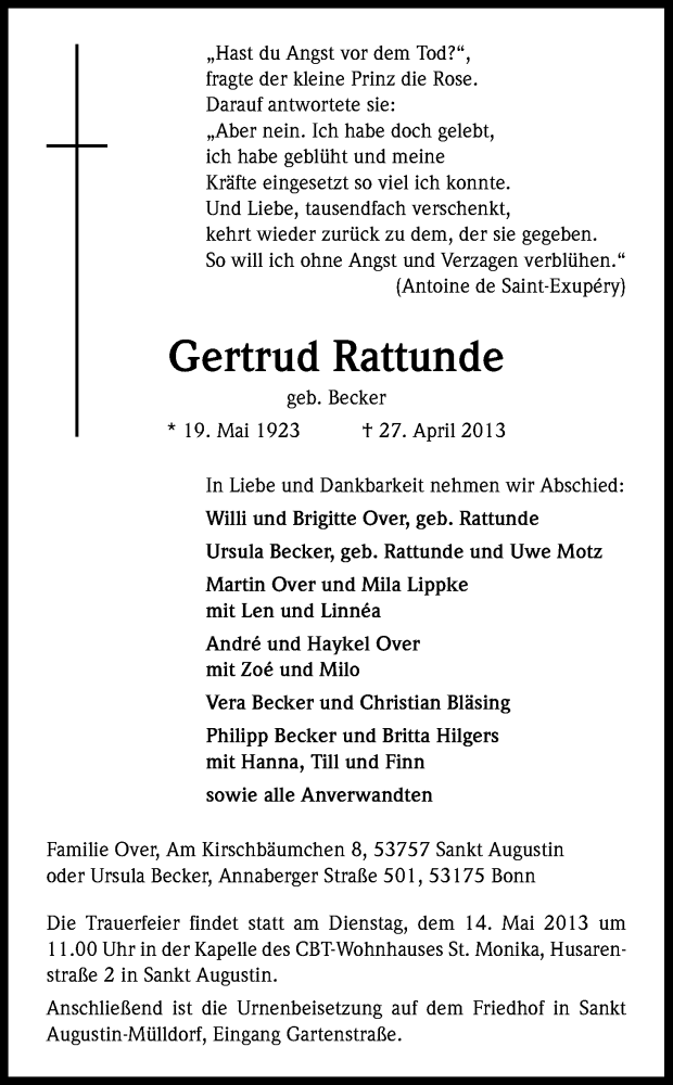  Traueranzeige für Gertrud Rattunde vom 03.05.2013 aus Kölner Stadt-Anzeiger / Kölnische Rundschau / Express