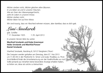 Anzeige von Loni Smolarek von Kölner Stadt-Anzeiger / Kölnische Rundschau / Express