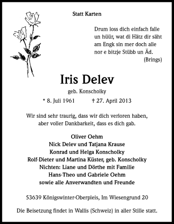 Anzeige von Iris Delev von Kölner Stadt-Anzeiger / Kölnische Rundschau / Express