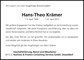 Anzeige von Hans-Theo Krämer von Kölner Stadt-Anzeiger / Kölnische Rundschau / Express