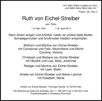 Anzeige von Ruth von Eichel-Streiber von Kölner Stadt-Anzeiger / Kölnische Rundschau / Express