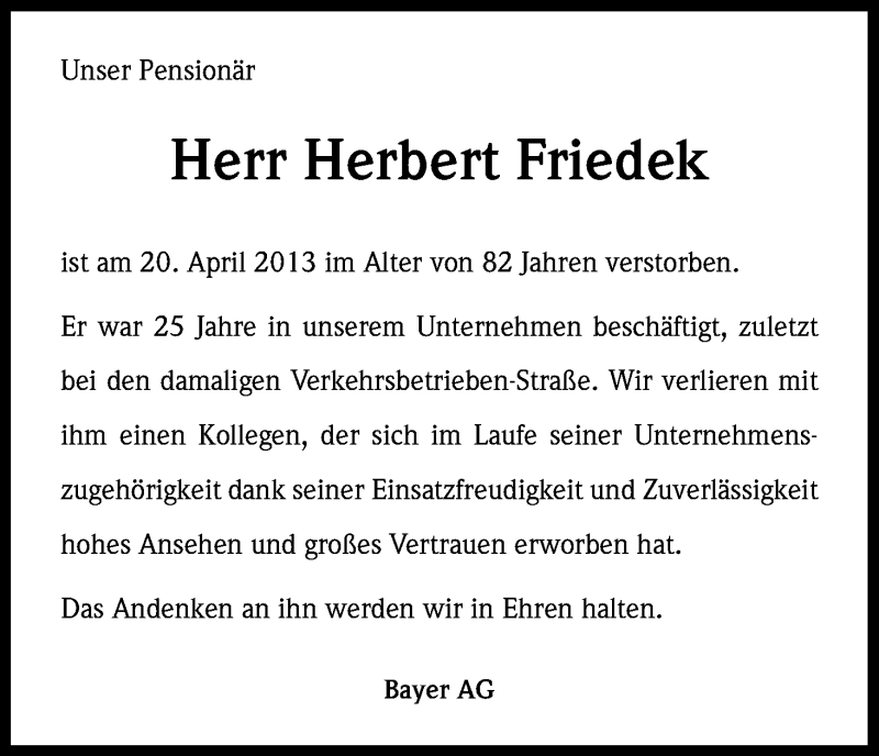  Traueranzeige für Herbert Friedek vom 03.05.2013 aus Kölner Stadt-Anzeiger / Kölnische Rundschau / Express