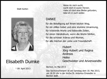 Anzeige von Elisabeth Dumke von Kölner Stadt-Anzeiger / Kölnische Rundschau / Express