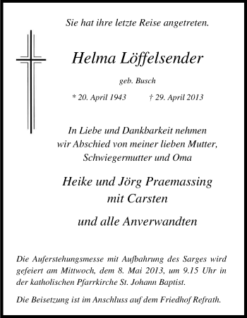 Anzeige von Helma Löffelsender von Kölner Stadt-Anzeiger / Kölnische Rundschau / Express