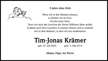 Anzeige von Tim-Jonas Krämer von Kölner Stadt-Anzeiger / Kölnische Rundschau / Express