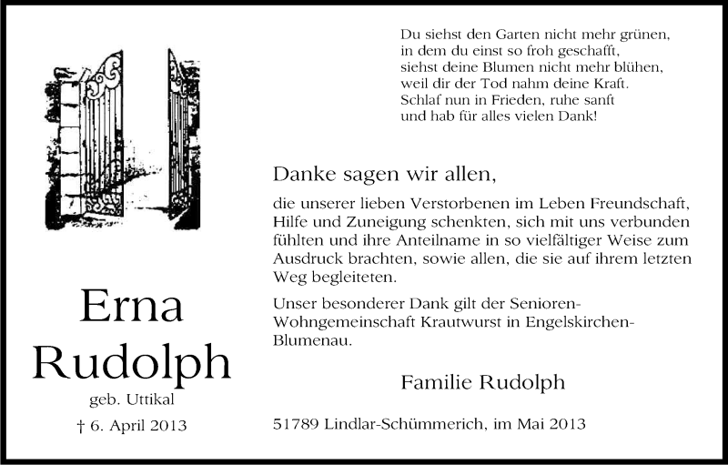  Traueranzeige für Erna Rudolph vom 04.05.2013 aus Kölner Stadt-Anzeiger / Kölnische Rundschau / Express