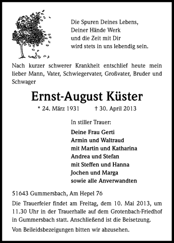 Anzeige von Ernst-August Küster von Kölner Stadt-Anzeiger / Kölnische Rundschau / Express