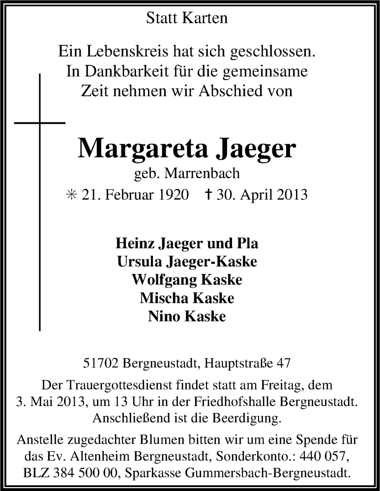  Traueranzeige für Margareta Jaeger vom 03.05.2013 aus Kölner Stadt-Anzeiger / Kölnische Rundschau / Express