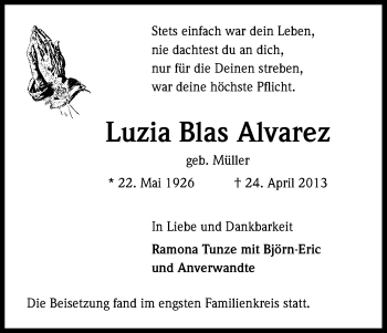 Anzeige von Luzia Blas Alvarez von Kölner Stadt-Anzeiger / Kölnische Rundschau / Express