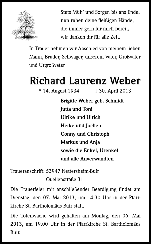  Traueranzeige für Richard Laurenz Weber vom 03.05.2013 aus Kölner Stadt-Anzeiger / Kölnische Rundschau / Express