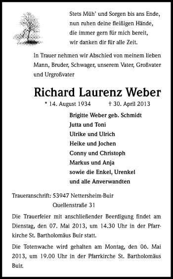 Anzeige von Richard Laurenz Weber von Kölner Stadt-Anzeiger / Kölnische Rundschau / Express