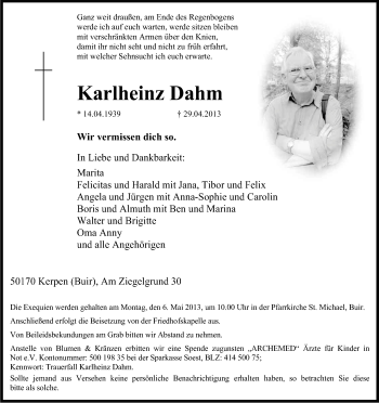 Anzeige von Karlheinz Dahm von Kölner Stadt-Anzeiger / Kölnische Rundschau / Express