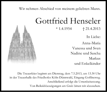 Anzeige von Gottfried Henseler von Kölner Stadt-Anzeiger / Kölnische Rundschau / Express