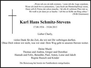 Anzeige von Karl Hans Schmitz-Stevens von Kölner Stadt-Anzeiger / Kölnische Rundschau / Express