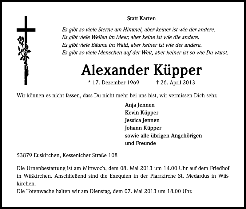  Traueranzeige für Alexander Küpper vom 04.05.2013 aus Kölner Stadt-Anzeiger / Kölnische Rundschau / Express
