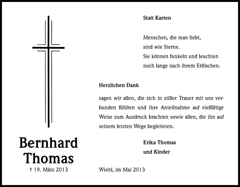  Traueranzeige für Bernhard Thomas vom 04.05.2013 aus Kölner Stadt-Anzeiger / Kölnische Rundschau / Express