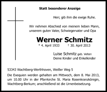 Anzeige von Werner Schmitz von Kölner Stadt-Anzeiger / Kölnische Rundschau / Express