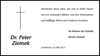 Anzeige von Peter Ziemek von Kölner Stadt-Anzeiger / Kölnische Rundschau / Express