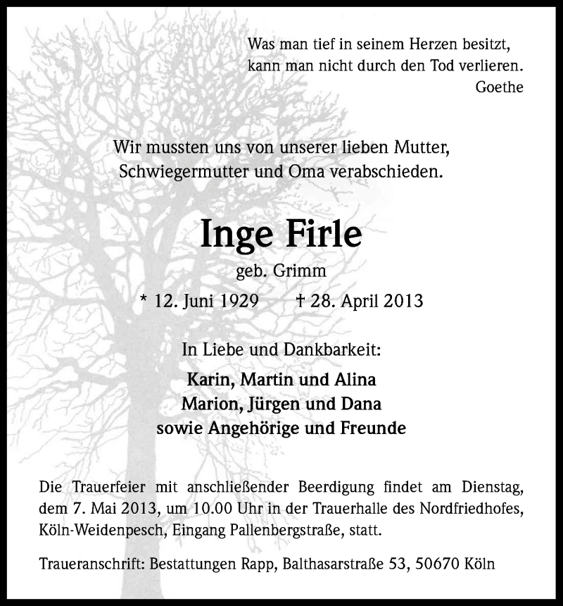  Traueranzeige für Inge Firle vom 04.05.2013 aus Kölner Stadt-Anzeiger / Kölnische Rundschau / Express