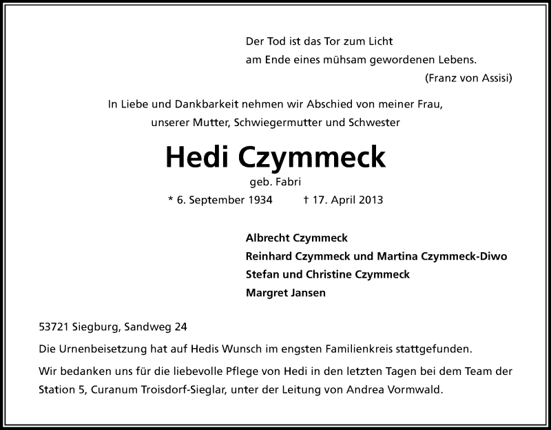  Traueranzeige für Hedi Czymmeck vom 04.05.2013 aus Kölner Stadt-Anzeiger / Kölnische Rundschau / Express