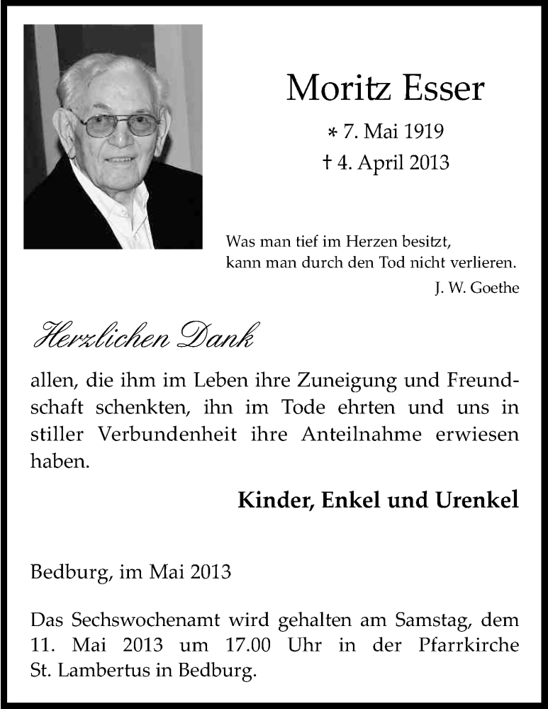  Traueranzeige für Moritz Esser vom 04.05.2013 aus Kölner Stadt-Anzeiger / Kölnische Rundschau / Express