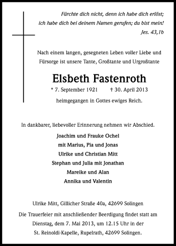 Anzeige von Elsbeth Fastenroth von Kölner Stadt-Anzeiger / Kölnische Rundschau / Express