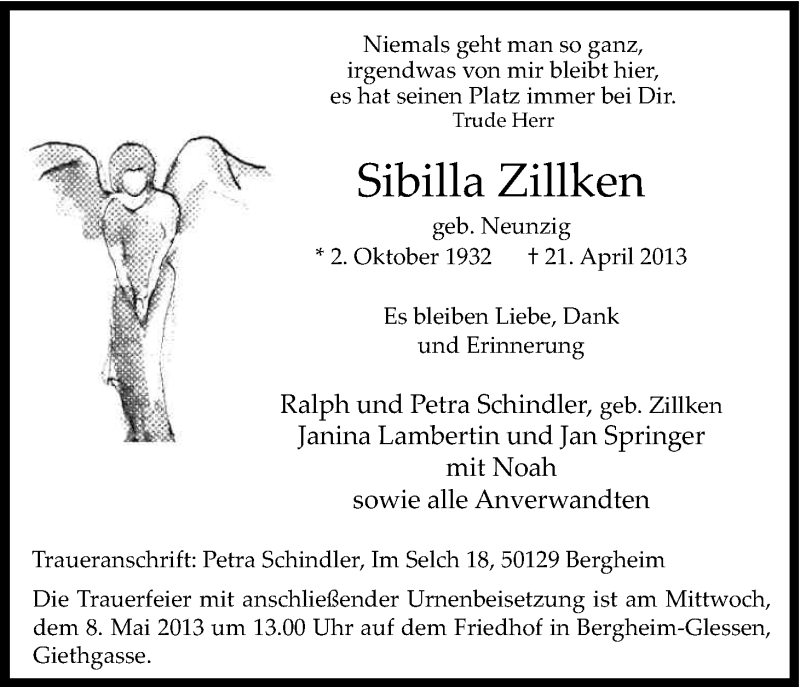  Traueranzeige für Sibilla Zillken vom 04.05.2013 aus Kölner Stadt-Anzeiger / Kölnische Rundschau / Express