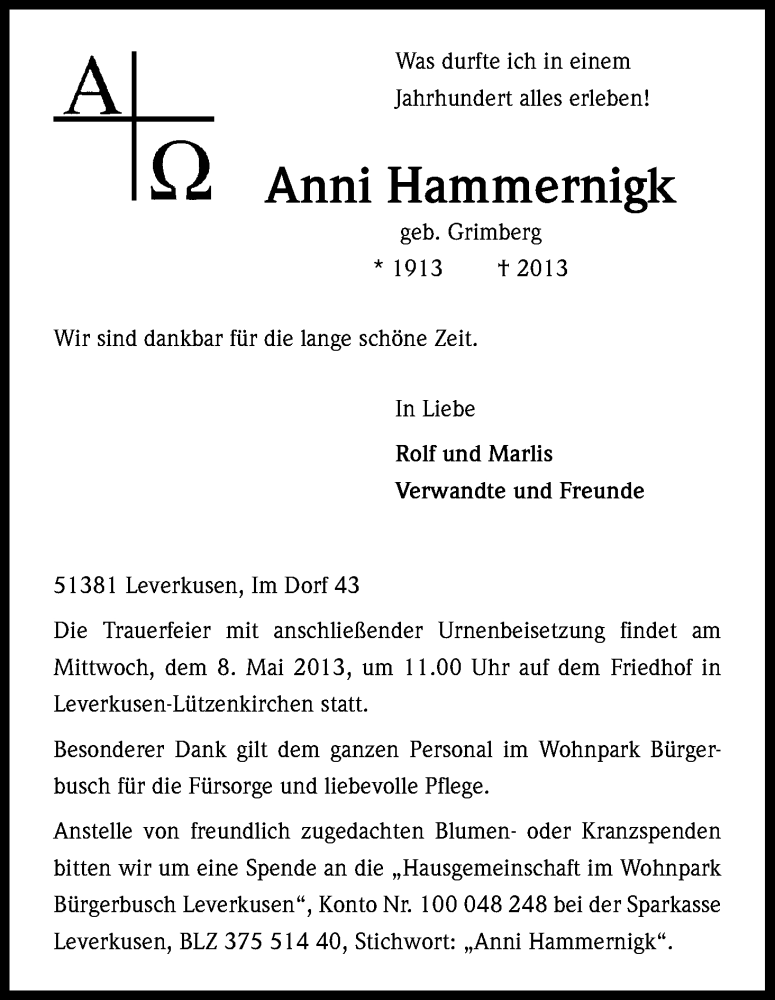  Traueranzeige für Anni Hammernigk vom 04.05.2013 aus Kölner Stadt-Anzeiger / Kölnische Rundschau / Express