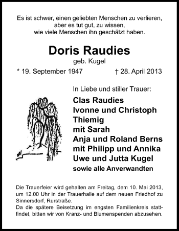 Anzeige von Doris Raudies von Kölner Stadt-Anzeiger / Kölnische Rundschau / Express