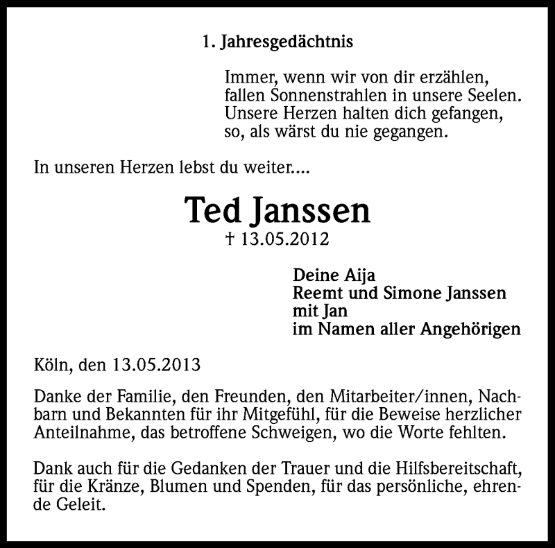  Traueranzeige für Ted Janssen vom 18.05.2013 aus Kölner Stadt-Anzeiger / Kölnische Rundschau / Express