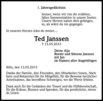 Anzeige von Ted Janssen von Kölner Stadt-Anzeiger / Kölnische Rundschau / Express