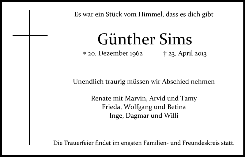  Traueranzeige für Günther Sims vom 04.05.2013 aus Kölner Stadt-Anzeiger / Kölnische Rundschau / Express